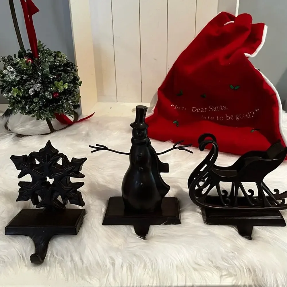 NEW Pottery Barn Bronze Snowman Snowflake Christmas Holiday Stocking Holders